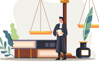 Illustration représentant un avocat un papier à la main, des livres, une plume trempée dans un encrier et la balance, symbole de la justice.